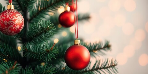 Decorated Christmas tree with colorful ornaments and sparkling bokeh lights on a festive red background, background, red