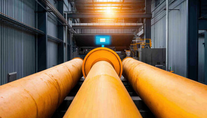 Food Waste Management Circular Economy Concept. Industrial pipes in a factory setting with warm lighting highlighting the interior space.