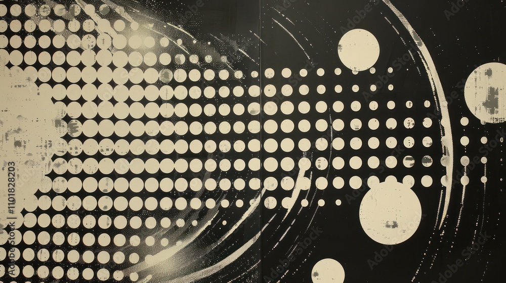 Poster abstract graphic design featuring circular patterns and textures on a dark background.
