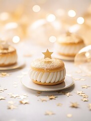 White and gold colored luxury elegantly sweets for Christmas and cozy blur background
