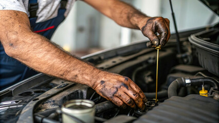 Auto mechanic, male hands covered in oil, working under car hood, repairing machinery. Close-up.