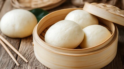 Fototapeta premium Steamed bao buns filled with sweet red bean paste, glistening with a soft, pillowy texture, served in a bamboo steamer basket with chopsticks on the side, surrounded by a warm, rustic setting.