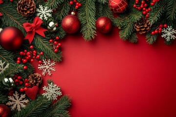 Christmas background with red color featuring tree branches, snowflakes, bows, and ornaments, arranged on the left side for a festive flat lay view.