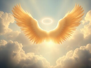 Glowing angelic figure with shimmering wings surrounded by ethereal light in heavenly realm, light, heaven