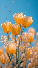 Obraz premium Vibrant yellow tulips surrounded by bees in a sunny spring garden moment
