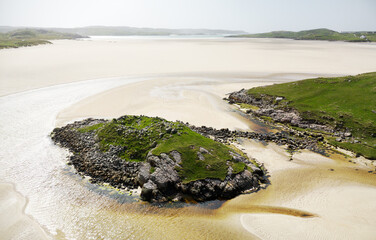 Dun Borranish prehistoric Iron Age dun and causeway on tidal island on Uig Sands aka Traigh Uuige,...