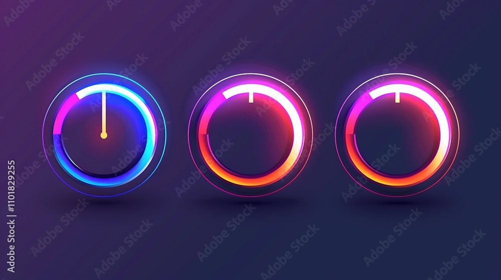 Poster three colorful loading indicators with glowing effects on a dark background, representing progress o