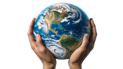 hands holding earth isolated on white transparent background 