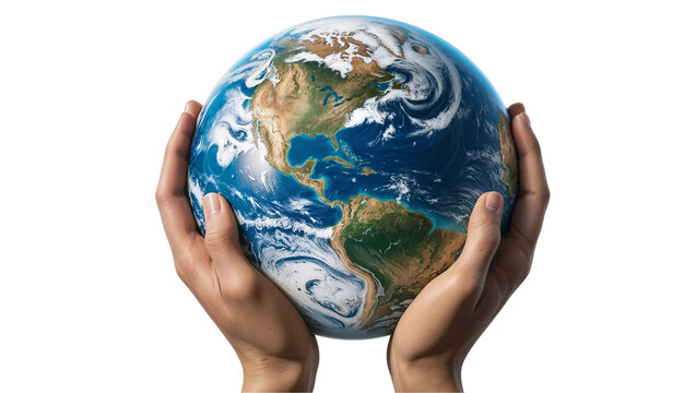 hands holding earth isolated on white transparent background 