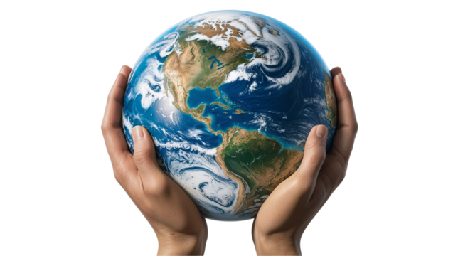 hands holding earth isolated on white transparent background 