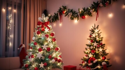 Modern home interior with a red and white themed Christmas tree decorated with ornaments and lights, decorations, ornaments