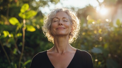 Middle aged woman stands peacefully in her garden, eyes closed, taking deep breaths in the morning light, creating a serene atmosphere with ample photo space.
