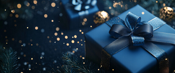 Blue gift box with gold ribbon and bow on dark blue background with golden bokeh lights. Christmas festive background  copy space