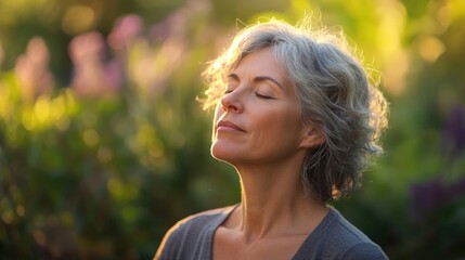 Middle aged woman stands peacefully in her garden, eyes closed, taking deep breaths in the morning light, creating a serene atmosphere with ample photo space.