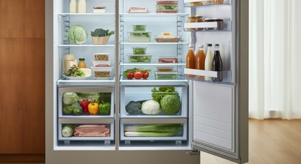 Opened fridge from the inside full of vegetables, fruits and other groceries.
