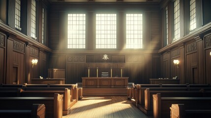 A sunlit courtroom with wooden interiors and seating, designed for legal proceedings.