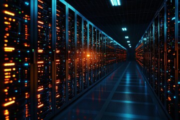 A dimly lit server room with rows of illuminated servers, showcasing an intricate network of technology and data storage.
