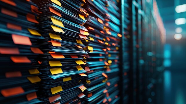 A visually striking array of stacked files and folders, illuminated with vibrant lighting, showcasing an organized yet complex data storage environment.