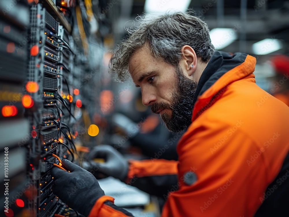 Poster offshore it technician meticulously troubleshooting and repairing complex server racks and networkin