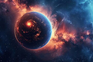 Glowing Blue Planet in Vibrant Nebula with Glowing Red Gas Clouds