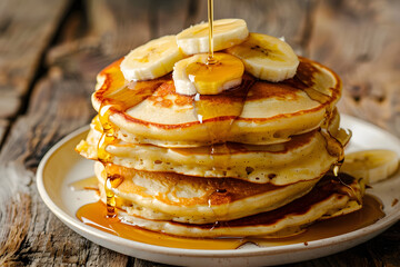 Banana pancakes with butter, syrup, and banana slices served on rustic wooden table