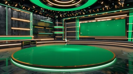 A modern studio setting with green lighting and a circular stage, designed for presentations or broadcasts.