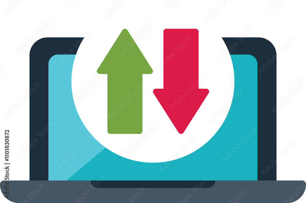 Poster laptop displaying a green up arrow and a red down arrow, symbolizing data transfer