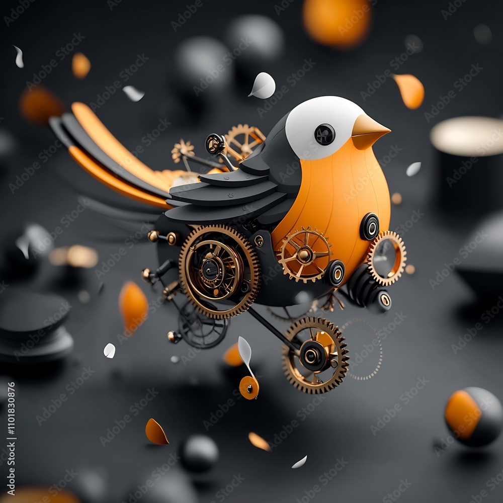 Poster intricate mechanical bird with gleaming brass gears and complex clockwork mechanisms showcasing a wh