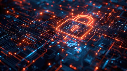 Digital lock symbol over a circuit board, representing cybersecurity and data protection.