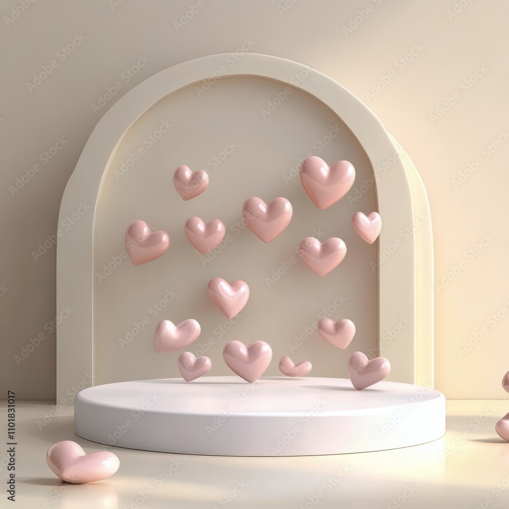 Poster romantic setting with floating heart shapes in a serene environment
