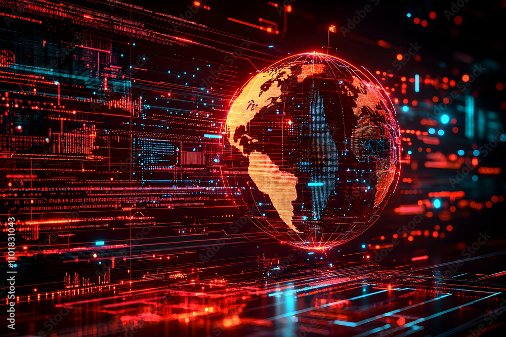 Poster digital globe, global network, data streams flowing across the world, illuminated in red and blue hu