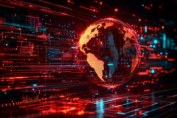 Digital Globe,  Global Network, Data Streams Flowing Across the World, Illuminated in Red and Blue Hues