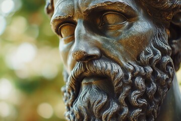 Close-up view of a statue depicting a man with a beard