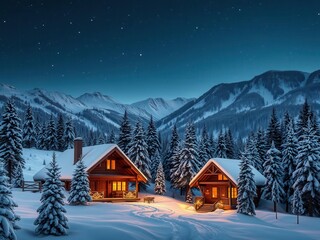 Fototapeta premium Snow-covered mountain landscape with cozy wooden cabins decorated with Christmas lights, surrounded by pine trees and a starry night sky, snow, Christmas