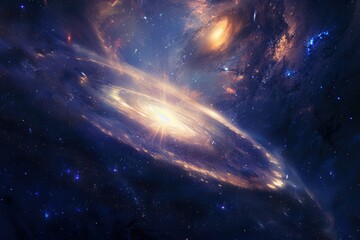 Glowing spiral galaxy with bright center and stardust in deep space