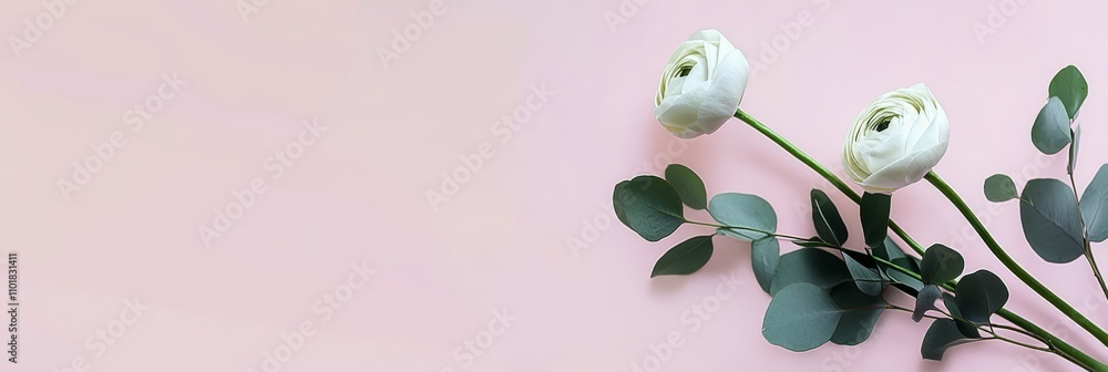 Wall mural Beautiful arrangement of white flowers and greenery on a soft pastel background for decoration