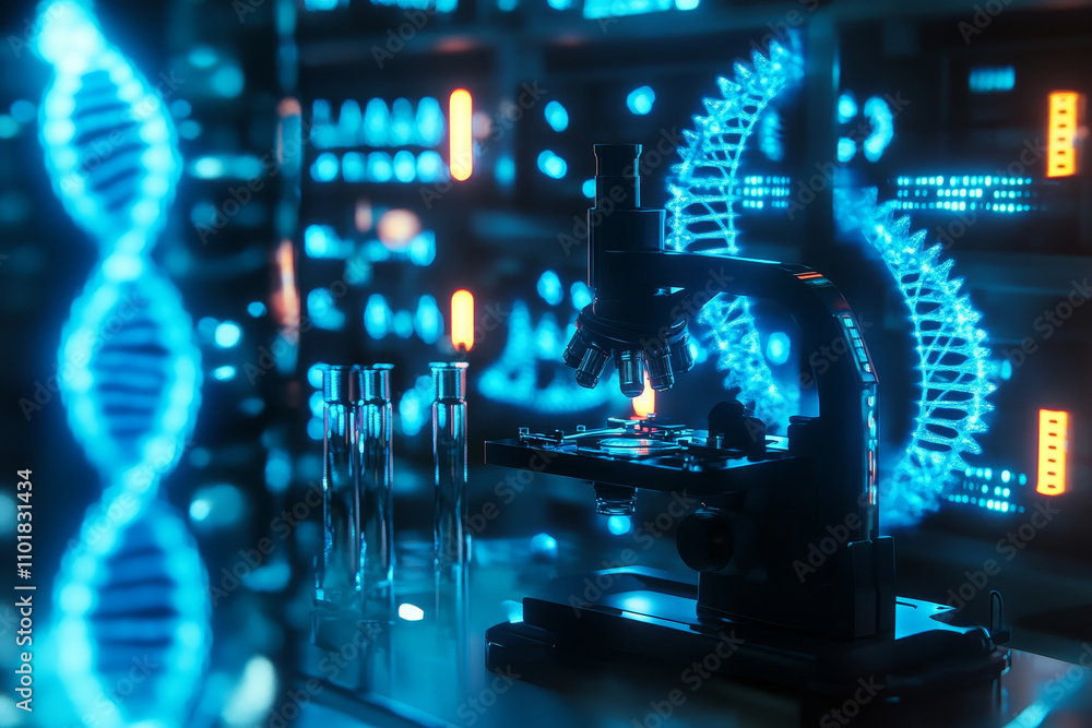 Poster microscope in sci fi lab with glowing dna strands and test tubes, showcasing advanced technology and