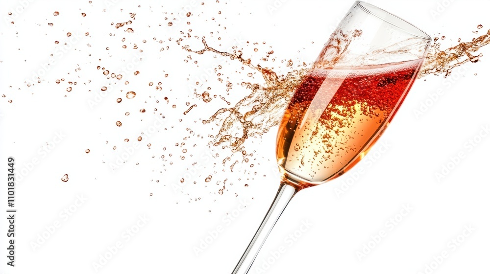 Poster artistic motion of red champagne splashing inside a clear glass, creating dynamic patterns of liquid