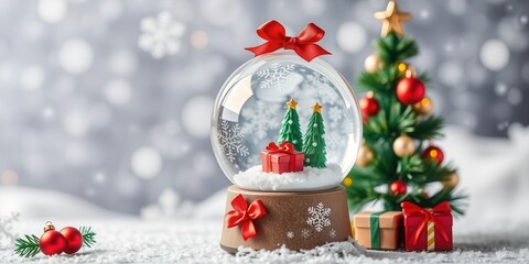 Snow globe featuring a miniature Christmas tree surrounded by swirling snow, traditional, shiny