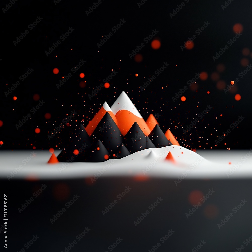 Poster captivating 3d mountainous mirage with elegant lines and flickering red dots against an eerie black 