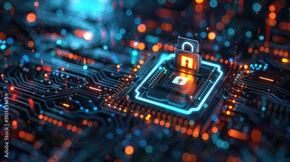 Poster a digital circuit board featuring a secure lock symbol, representing cybersecurity technology.