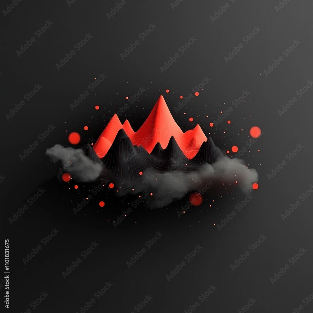 Poster mystical 3d mountainous landscape with abstract geometric shapes flickering red dots and ethereal cl
