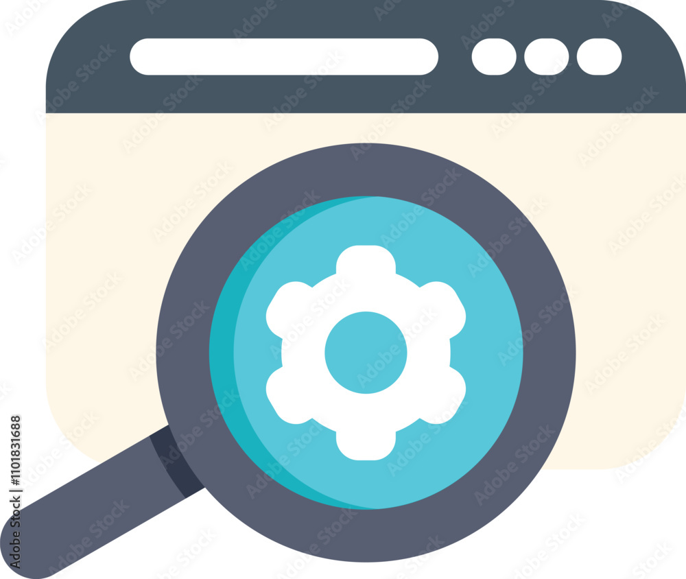 Poster magnifying glass is hovering over a website symbolizing the process of exploring website configurati