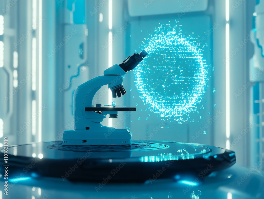 Poster futuristic microscope focuses on floating dna hologram in sci fi lab, showcasing advanced technology