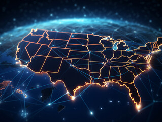 Digital map of USA, concept of North America global network and connectivity, data transfer and cyber technology, information exchange and telecommunication