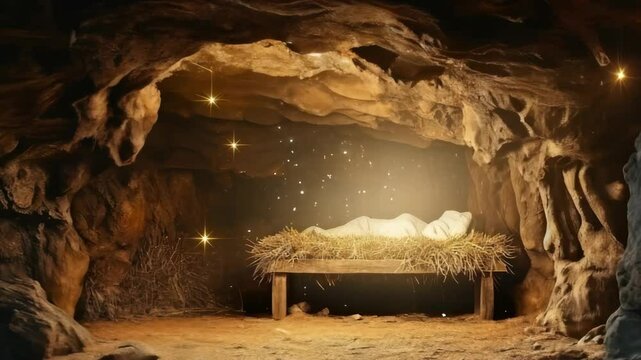Christian Christmas scene with empty wooden manger, star of Bethlehem in cave. Birth of Jesus Christ, nativity scene background