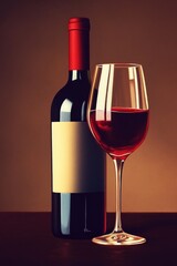 A glass of red wine sits next to an unopened bottle, perfect for a romantic evening or a sophisticated dinner party
