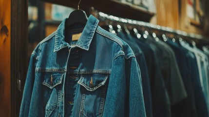 Obraz premium Vintage Denim Jacket Hanging Retail Store Display Fashion Apparel