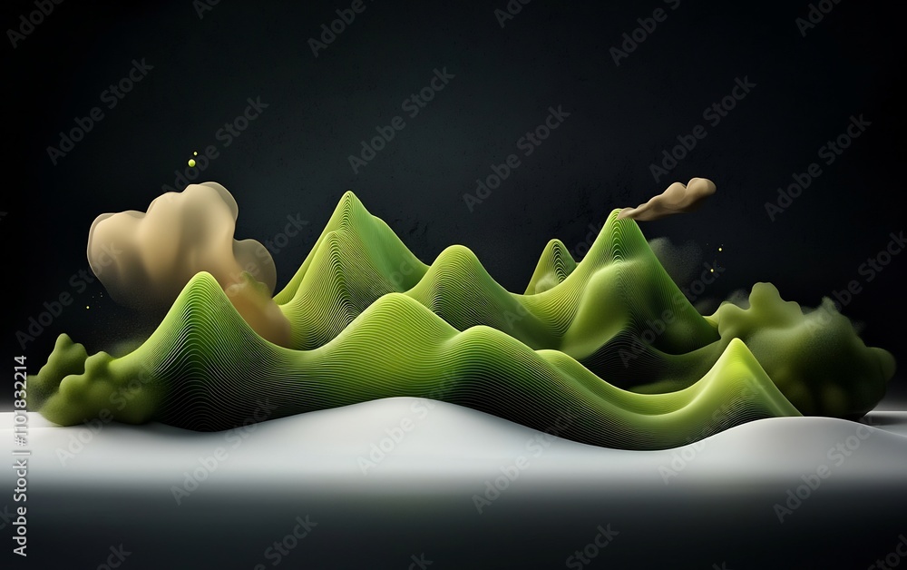 Aufkleber undulating green wire frame mountains on a dark moody backdrop generative 3d art with pristine white