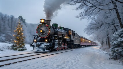 Classic Christmas train on a track with a Christmas tree visible in the background, festive holiday scene, traditional decorations, seasonal charm, winter magic, holiday cheer, New Year spirit